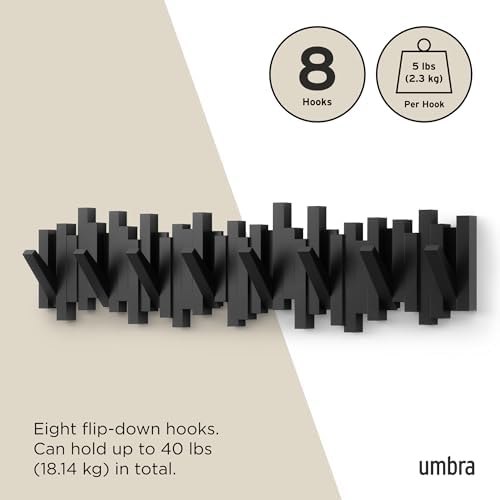 Umbra Sticks Wall Coat Rack, Wall Mount 8 Retractable Hooks - Image 5