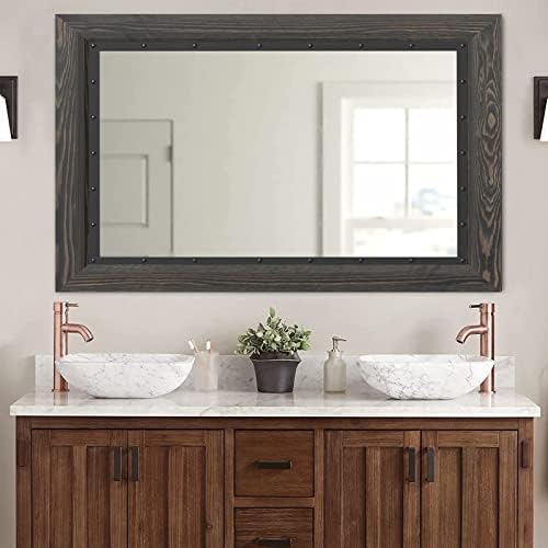 YOSHOOT Rustic Wooden Framed Wall Mirror, Natural Wood and Iron Bathroom Vanity - Image 4