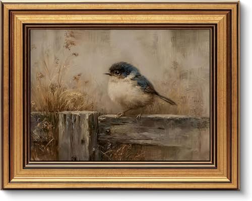 Gold Framed Wall Art, Rustic Nature Bird Canvas Prints, Neutral Farmhouse Bird by YDNAKLX