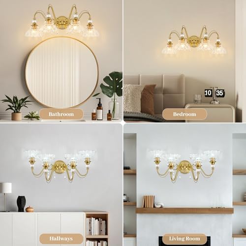 Vintage Bathroom Vanity Light, 4-Light Brushed Gold Finish Wall Sconce - Image 5