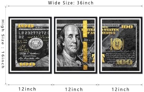 Money Wall Art Canvas Black Framed 100 Dollar Bill Painting 3 Panels - Image 6