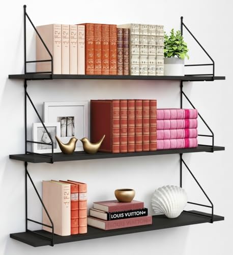 Black Wall Shelves for Bedroom, Large Long Floating Shelves 36" x 8" by Harwaya