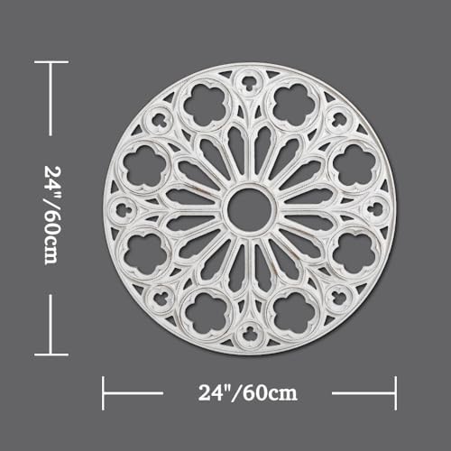 XIAOAIKA Round Hand-Carved Wood Wall Art, Floral Geometric Design, 24 Inch - Image 2