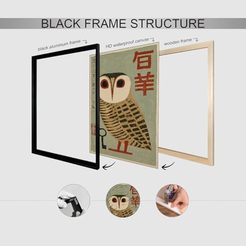 Japanese Animal Black Framed Poster Prints Vintage Owl Canvas Wall Art 20x30 - Image 2
