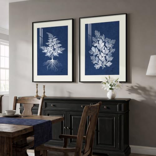 Large Framed Vintage Navy Blue Botanical Wall Art - Image 3
