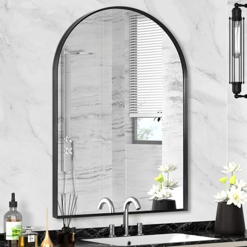 Black Arched Mirror 22x30in, Metal Framed Bathroom Vanity Wall by Minuover