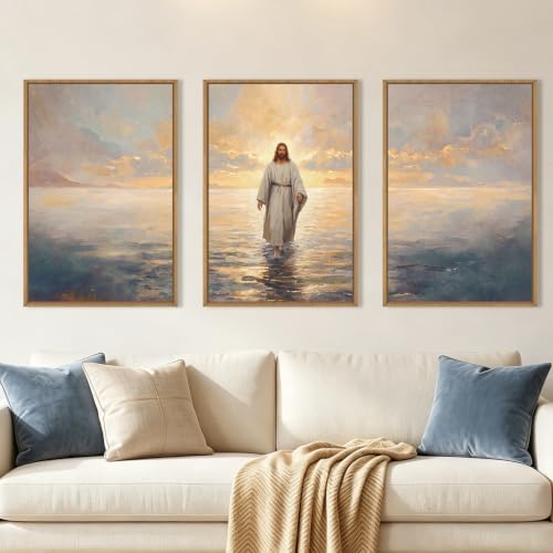 Celestdeco Large Jesus Christian Framed Canvas Wall Art Set, Jesus Walking On - Image 2