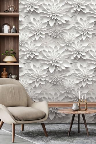 White Gray Lotus Floral Peel and Stick Wallpaper Visual 3D Effect - Image 3