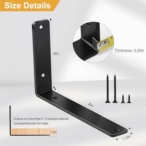 6 Pack - L 8" x H 6" x W1.5, 5mm Thick Black L Shelf Bracket, Iron Shelf - Image 2