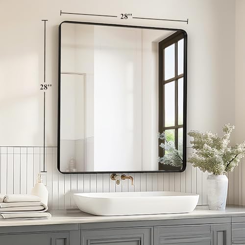 Black Bathroom Vanity Mirror Over Sink 28x28, Wall Mounted Square Mirror - Image 2