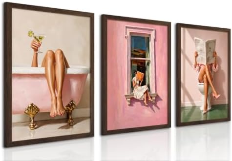 Framed Pink Bathroom Wall Art Set of 3, Fashion Woman Bathroom Wall Decor by Unknown