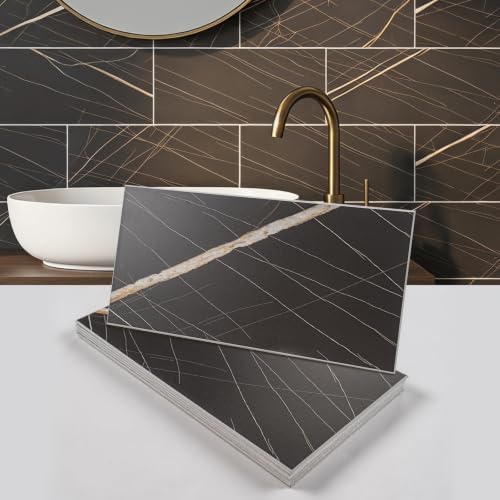 6" x 12" Mocha Gold Peel and Stick Backsplash Wall Tiles, PVC Faux Stone Stick by V-MOZZA