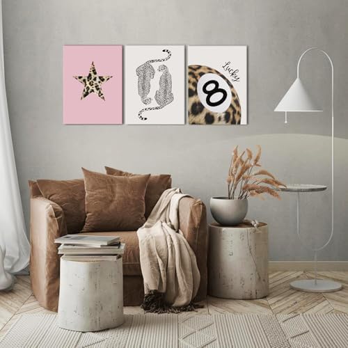 Hwetui Trendy Leopard Canvas Wall Art Set of 3 Funky Lucky 8 Ball Posters - Image 5