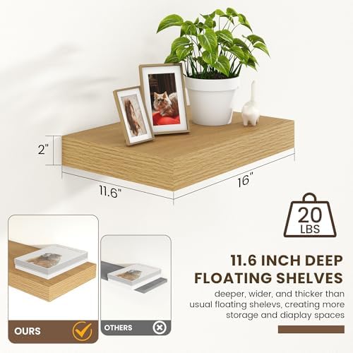 FLYJOE 12 Inch Deep Floating Shelves, 16 Inch Oak Wall Shelves Set of 2 - Image 3