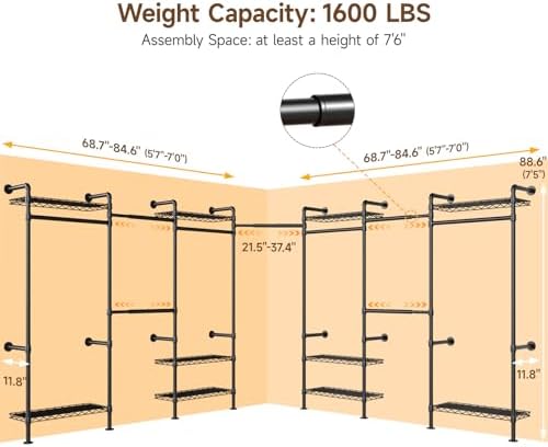 ONBRILL L7 Wall Mounted Industrial Pipe Clothing Rack, Corner Closet System - Image 3