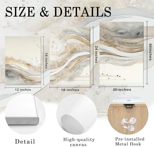 AVECCO Triptych Abstract Gold Grey Wave Wrapped Wall Art Canvas 24x36 Inch - Image 6