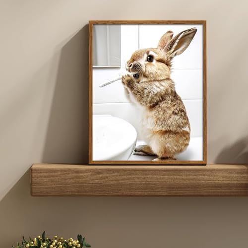 uniro Funny Bathroom Wall Art Prints, Cute Rabbit Brushing Teeth Bathroom - Image 2