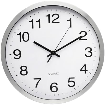 Wall Clock 12 Inch Silver Brushed Finish Silent Non Ticking Indoor Clock Round - Image 2