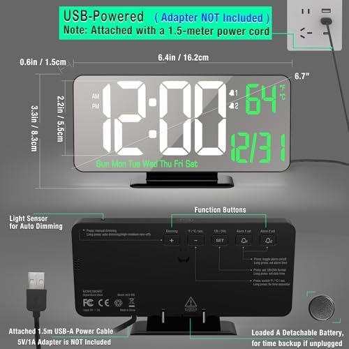 KOSUMOSU Desk Clock 6.7in Black Digital Alarm Clock - Image 5