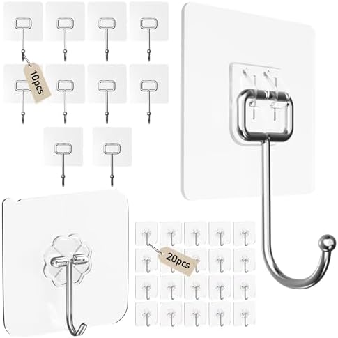 Ninth Five 30Pack Adhesive Hooks Set, Heavy Duty Clear Wall Hooks by NinthFive
