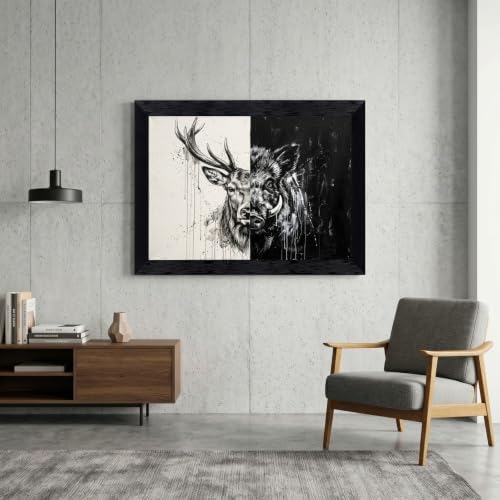 Framed Canvas Wall Art Modern Mixed Media Monochrome Stag and Boar Dualistic - Image 4