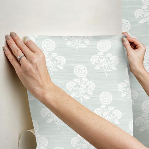 NuWallpaper Flourish Block Print Whisper Blue Faux Grasscloth Peel and Stick - Image 4