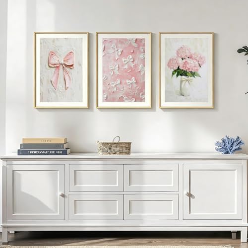 3Pcs Trendy Pink Bows Wall Art Cute Girly Coquette Watercolor Hydrangea Bow - Image 2
