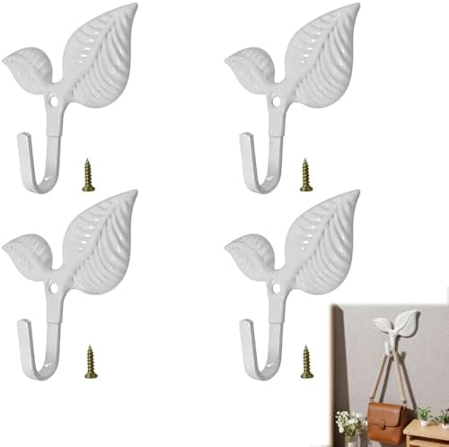 Set of 4 Vintage Leaf Wall Hooks White Metal Coat Hooks Heavy Duty Decorative by Unknown