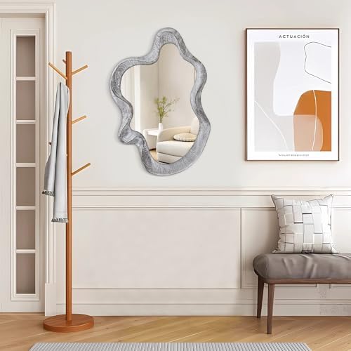 Irregular Wooden Framed Wall Mirror Modern Asymmetrical Mirror Rustic Black - Image 3