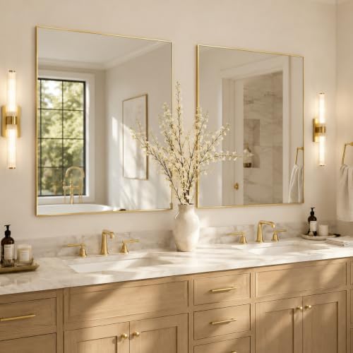 30"x30" Brushed Gold Framed Square Bathroom Vanity Wall Mirror - Image 6