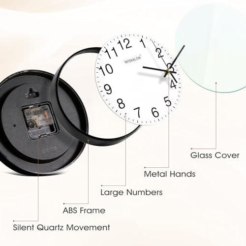 WISKALON 8in Silent Wall Clock Black Frame Elegant Glass Battery Operated - Image 2