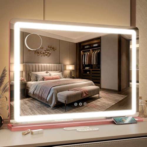 FENNIO Pink Vanity Mirror with Lights 32"x22", Lighted Makeup Mirror, Large by FENNIOLEDMIRRORS
