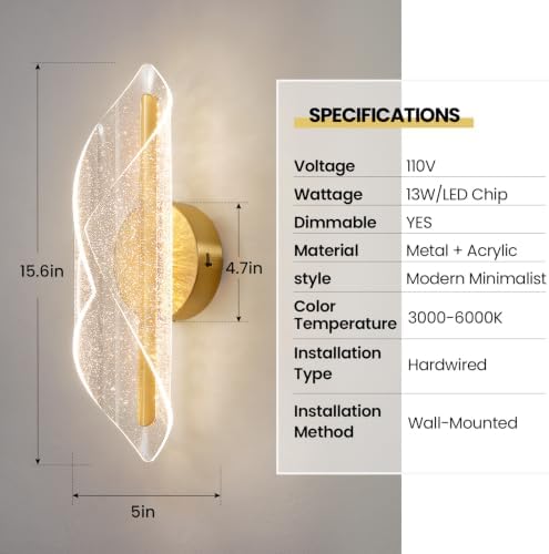Wall Sconces Set of Two, Hardwired Brushed Gold Bathroom Sconces Wall Lighting - Image 4