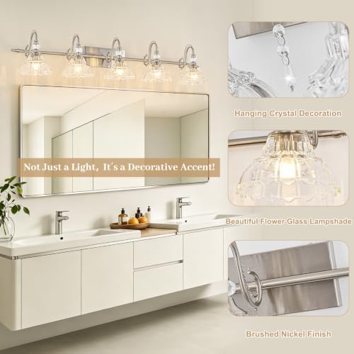 Brushed Nickel Bathroom Vanity Light, 5-Light Nickel Finish Wall Sconce - Image 4