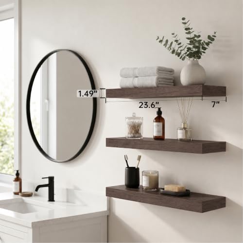 Smoke Gray Floating Wall Shelves, 24 Inch Bathroom Shelf Set of 3 - Image 2