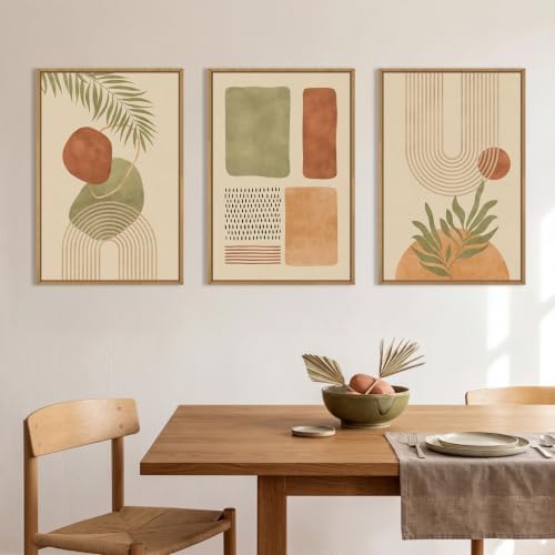 Large Boho Sage Green Framed Canvas Wall Art, Abstract Geometric Beige Wall - Image 4
