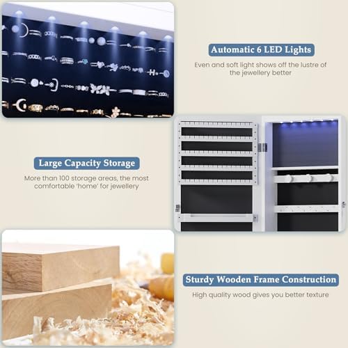 DUMOS 6 LEDs Mirror Jewelry Cabinet, Wall or Door Mounted Jewelry Organizer - Image 4