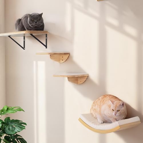 Cat Wall Shelves with Sisal Pads, 4-Piece Wooden Cats Furniture Set with Cat by PELUOMOZ