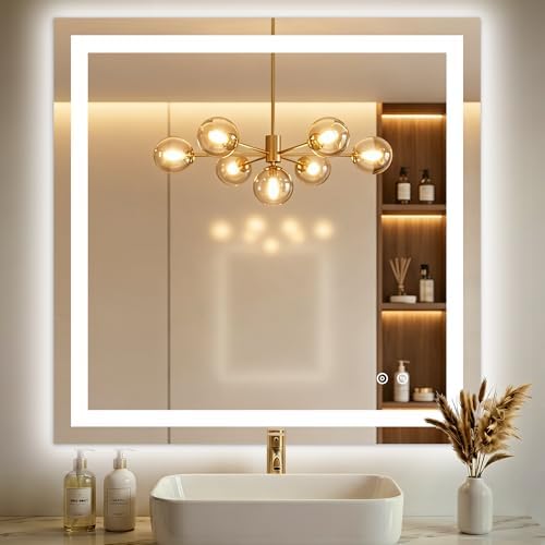 30x30 LED Bathroom Mirror with Lights, Lighted Vanity Mirror by TRAHOME