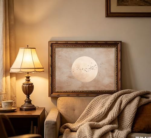 Vintage Gold Framed Minimalist Moon and Birds in Flight Wall Art, Neutral Beige - Image 2