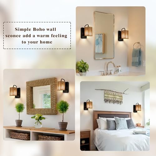 Boho Wall Sconce Rattan Wall Light Fixtures Hemp Rope Sconces - Image 4