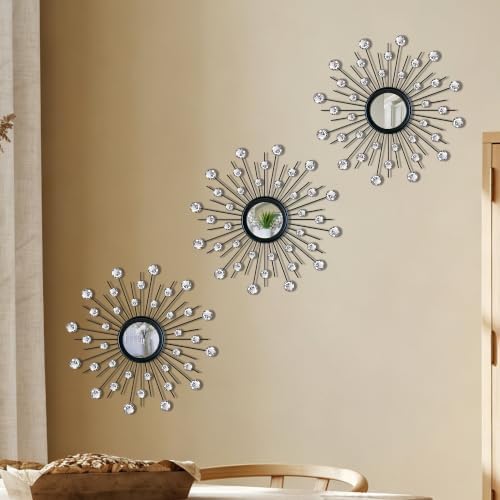 Uaussi 3 Pack Crystal Sunburst Wall Mirror Décor Rhinestone Mirrors Decorative by Uaussi