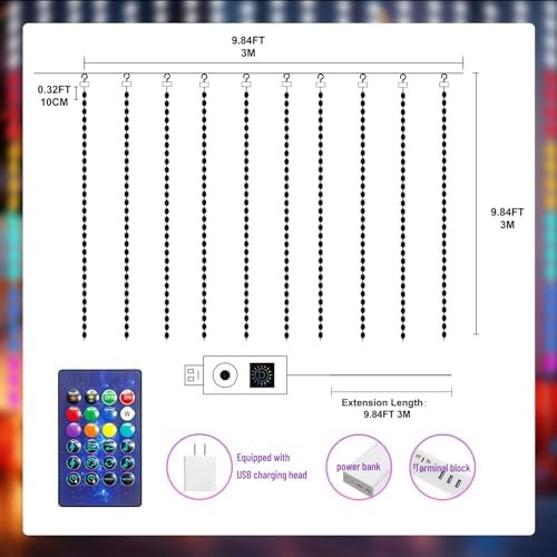 HXWEIYE 300LED Fairy Curtain Lights, 9.8x9.8Ft USB, 8 Modes & Timer - Image 6