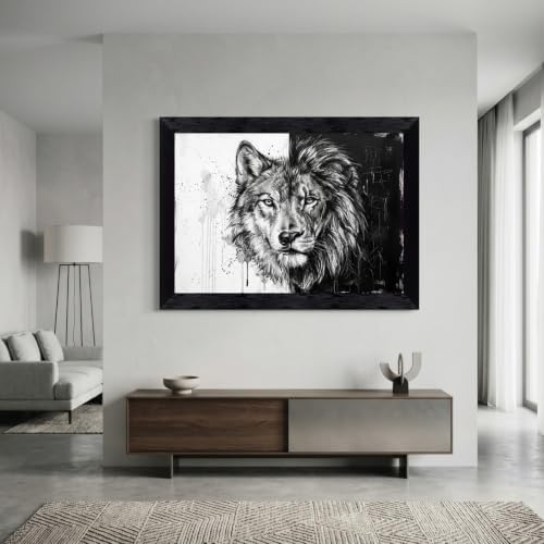 Framed Canvas Wall Art Mixed Media Wolf and Lion Split Face High Contrast - Image 7