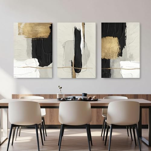 DUWQU Abstract Brushstrokes Canvas Wall Art Black White Gold 24x36 inch x3 - Image 4
