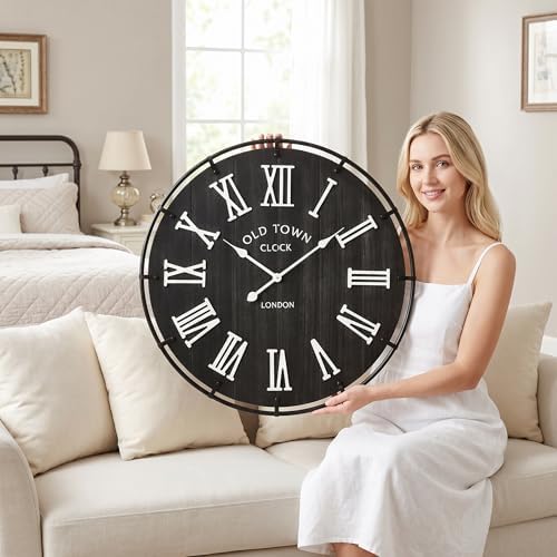 EMAX HOME Inch Large Black Wall Clock, Rustic Distressed Wooden Dial by EMAXHOME