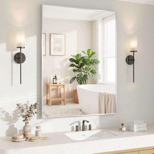 Koonmi White Rectangle Wall Mirror, 30x36 Inch Bathroom Mirror, Aluminum Frame by KOONMI