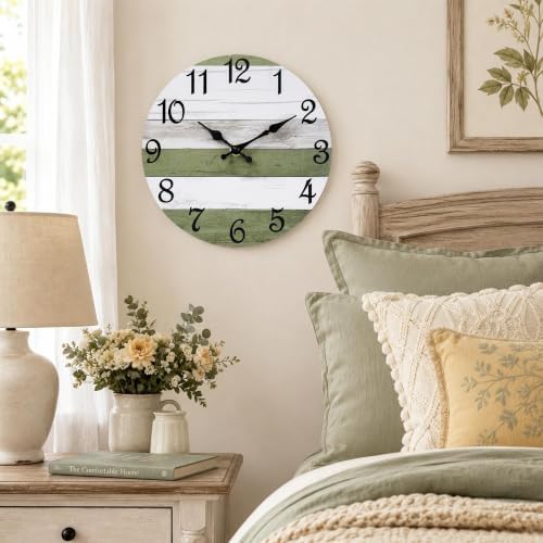 CHYLIN Wall Clock Silent Non-Ticking Battery Operated Green White Striped - Image 3