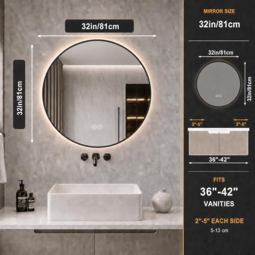 LAIYA 32in Round LED Bathroom Mirror Black Frame Backlit Anti-Fog Dimmable - Image 2