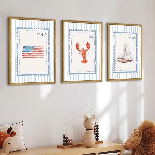 Wood Framed Blue Beach Stamp Set of 3 Canvas Poster Coastal Granddaughter Room - Image 6